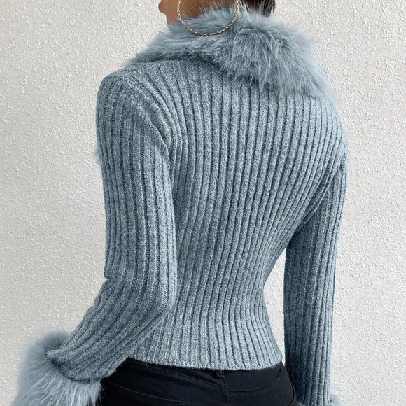 Faux Furry Collar Long Sleeve Knitted Ribbed Cardigan Dusty Blue - Picture 2 of 5